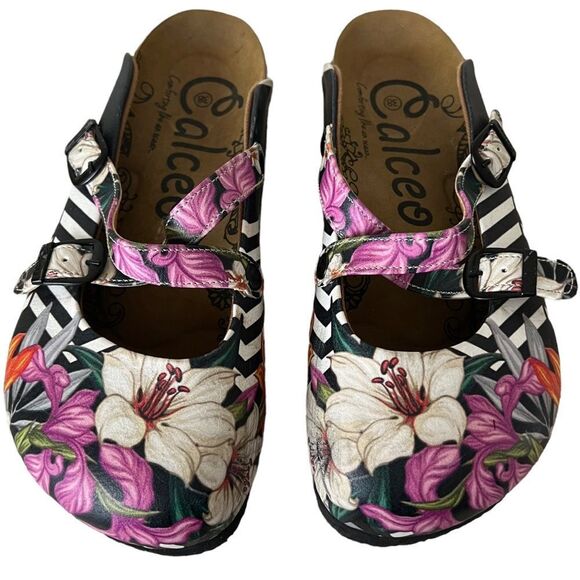Calcio size 38 EU / 7.5 US Black & Pink Floral Stripe Clogs EUC - Picture 8 of 16